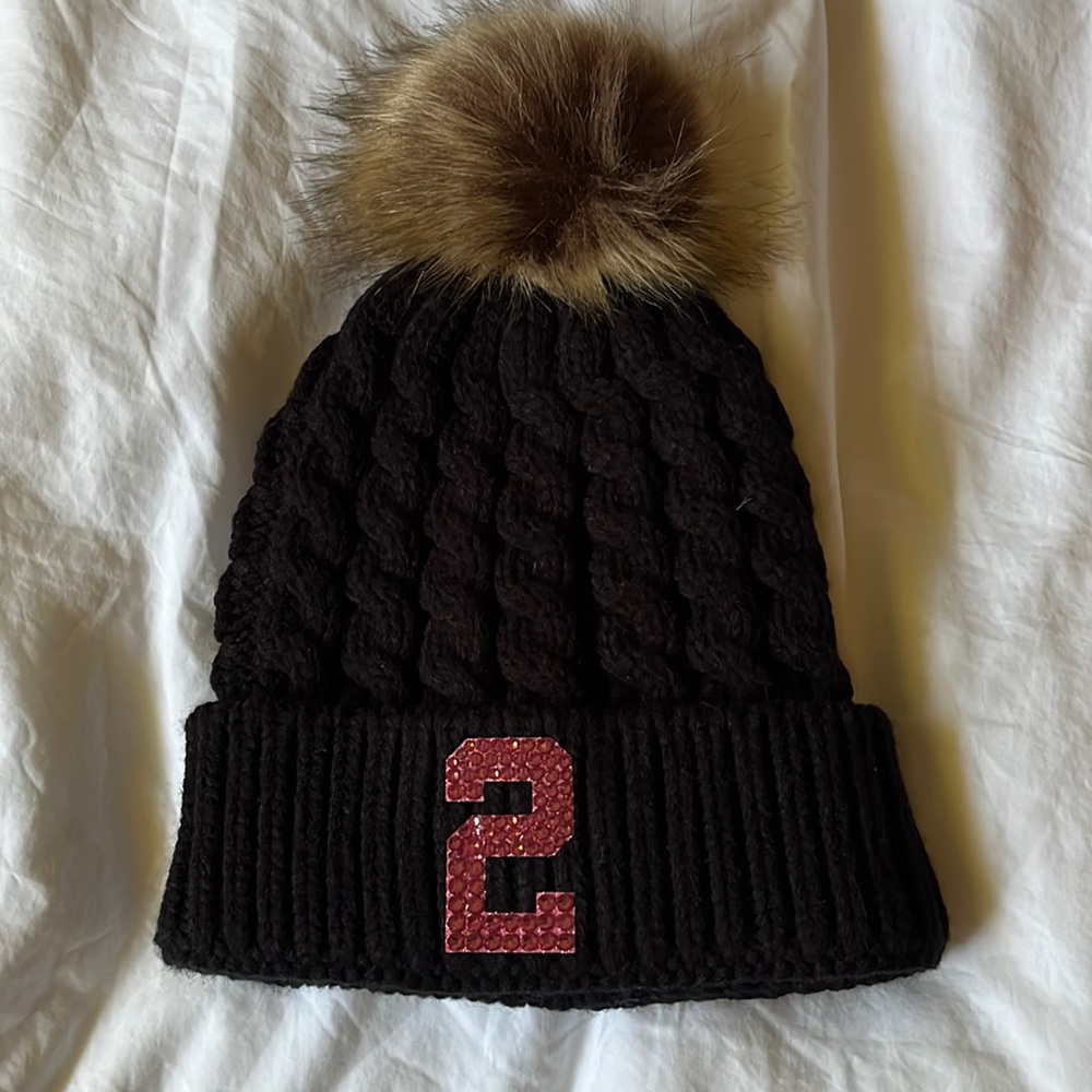 Black beanie with pom Pom top and pink rhinestone 2